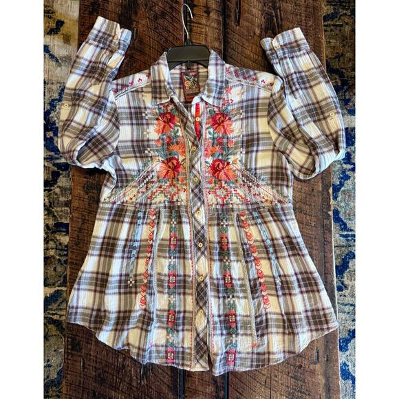 Johnny Was Candice Smock Plaid Floral Button Up Ladies Medium Top/Shirt/Blouse - Picture 16 of 16